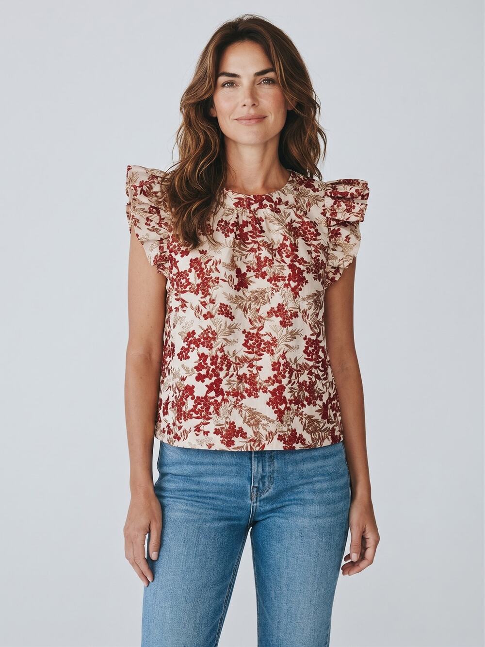 Doe & Rae Small NWOT Metallic Floral Brocade Ruffle Sleeve Top